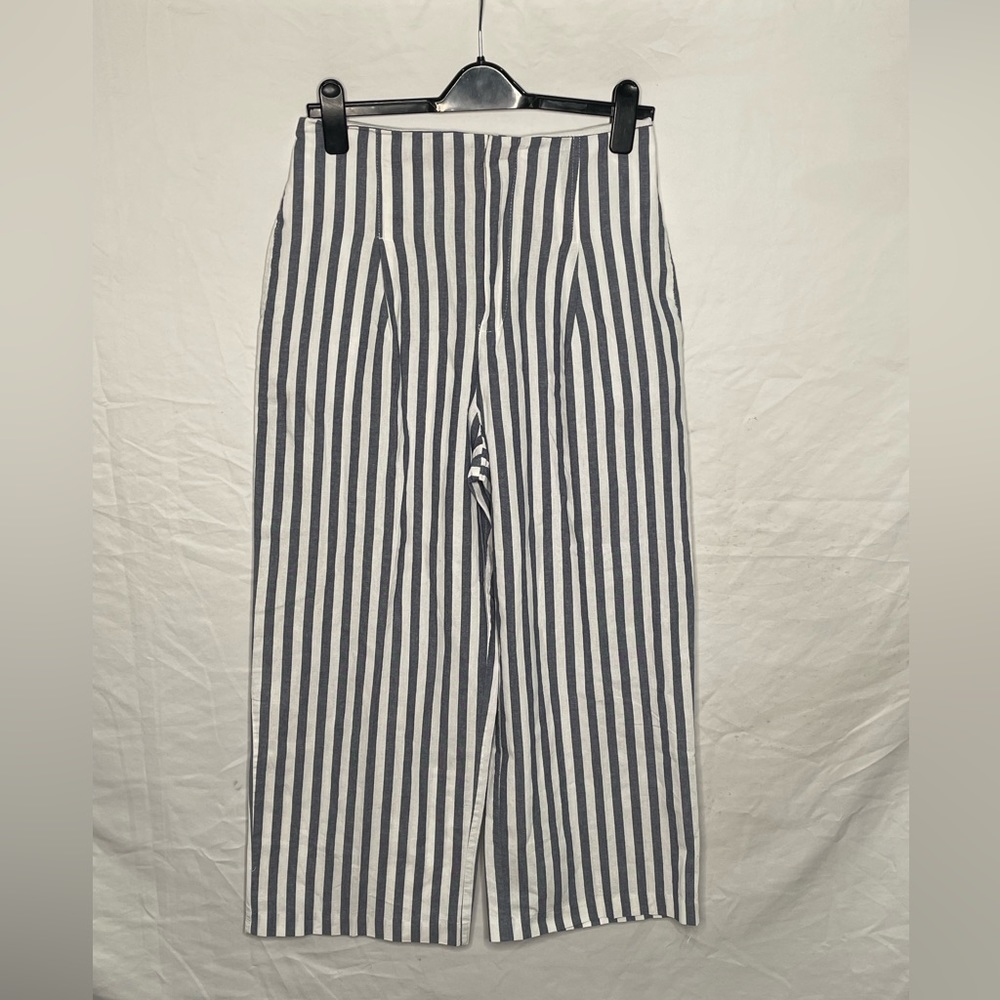 Zara Wide Leg Pants Blue White Stripe Ankle Crop High Rise 100% Cotton M Women
